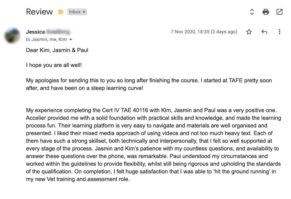Review from TAE Cert IV Online graduate